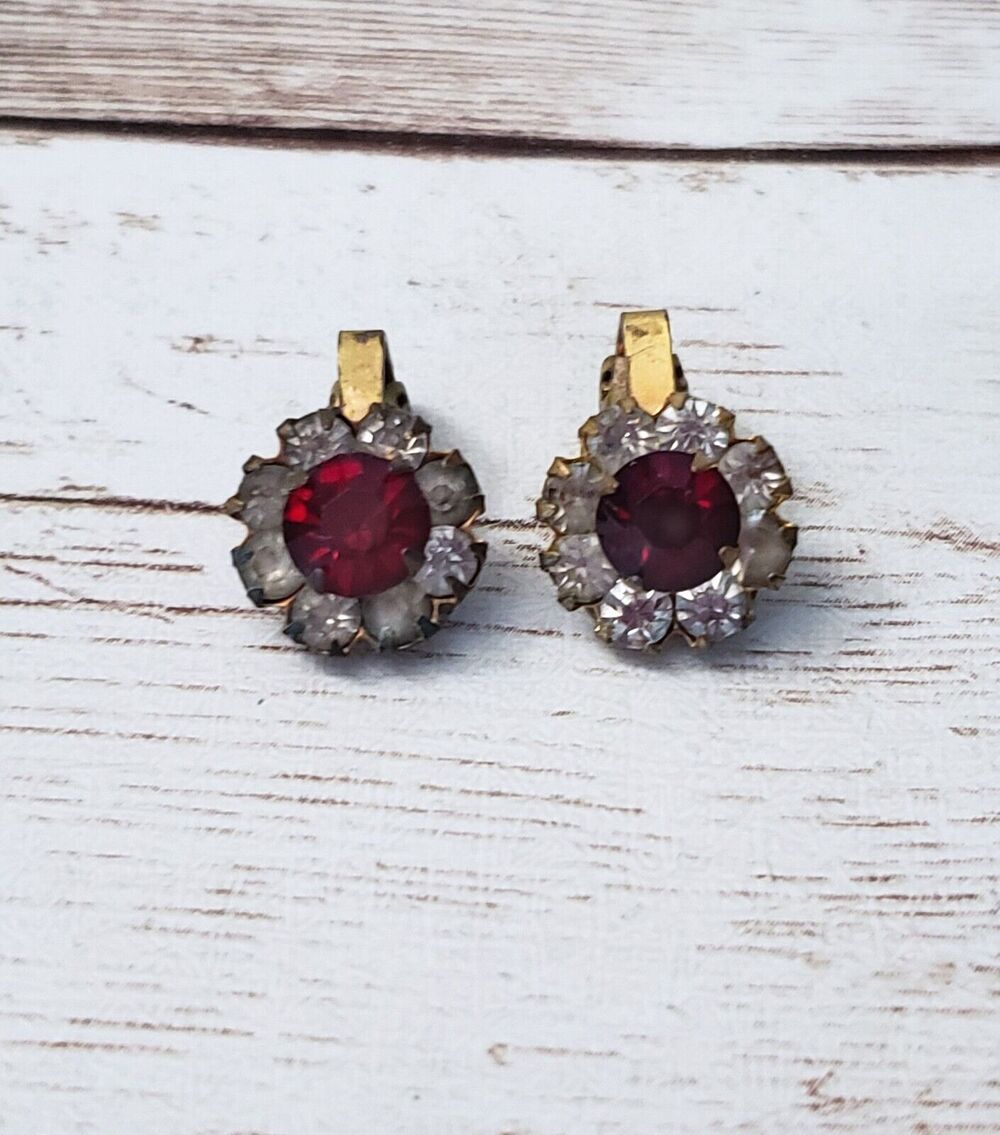 Vintage Clip On Earrings Dainty Red Gem with Gem Halo Dulled Stones - Loose Clip